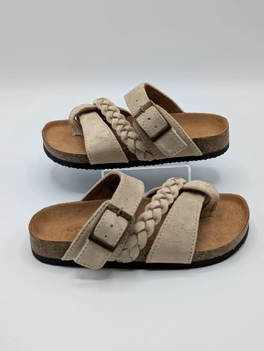 White Mountain Girl's 11 Tan Suede Braided Strap Slide Sandals - Beige Gramma